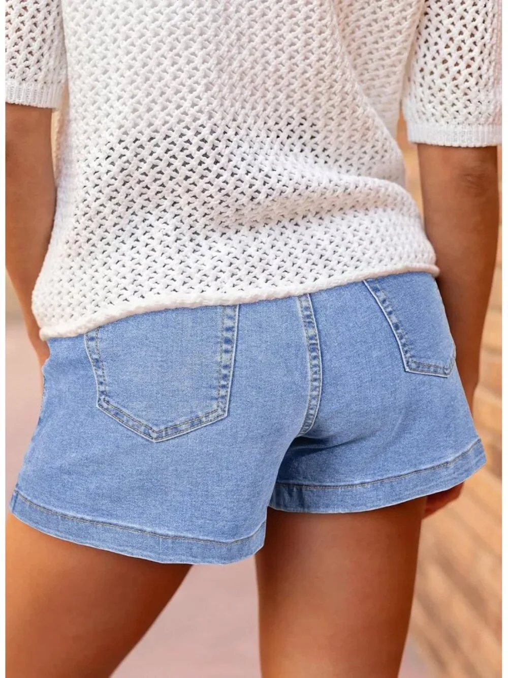 Women's Light Blue High Waisted Stretchy Shorts Double Button Denim Jean Shorts